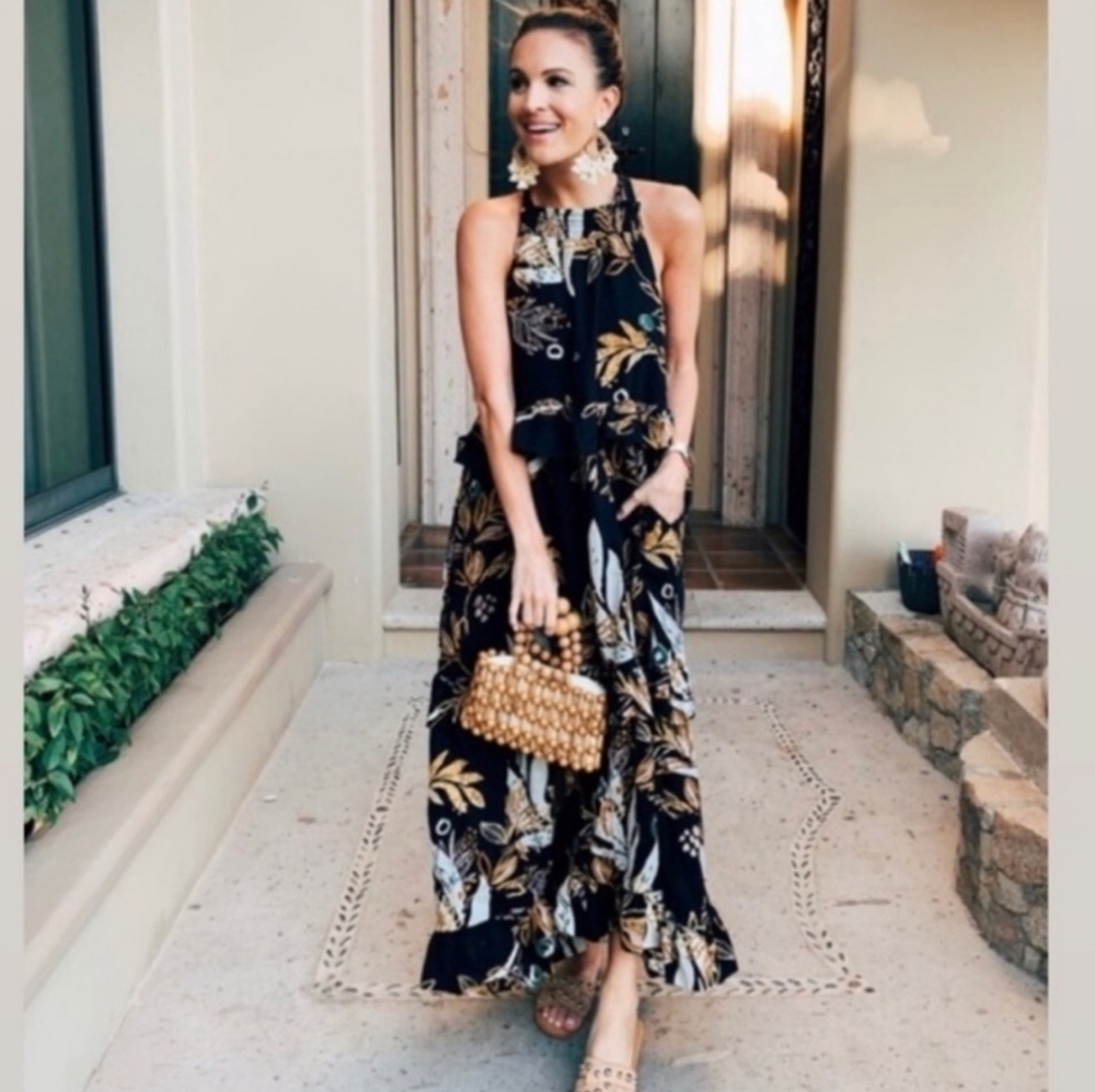 Free People Tiered Ruffle Floral Print Halter Maxi Dress Black Size XS